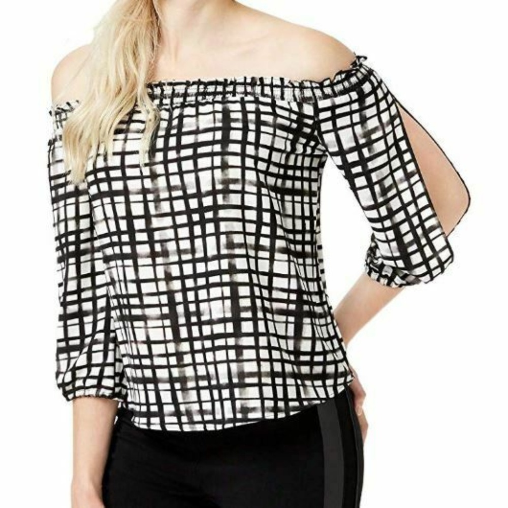 Bar III Medium Black Boho Block Grid Top 3V37